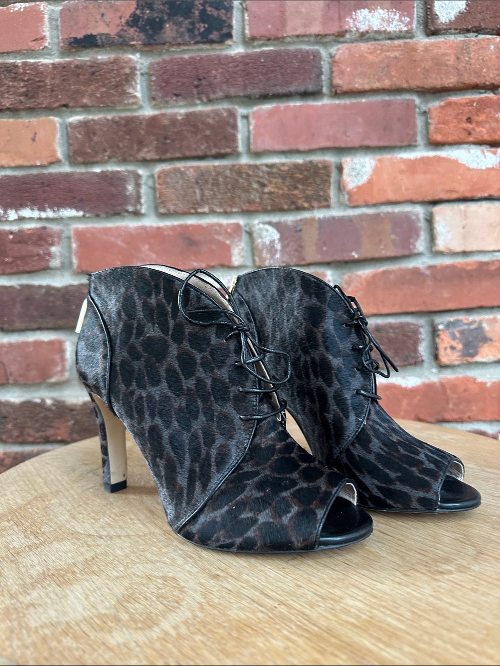 Louise et Cie Leopard Print Lace-Up Peep Toe Heels - Black/Brown
